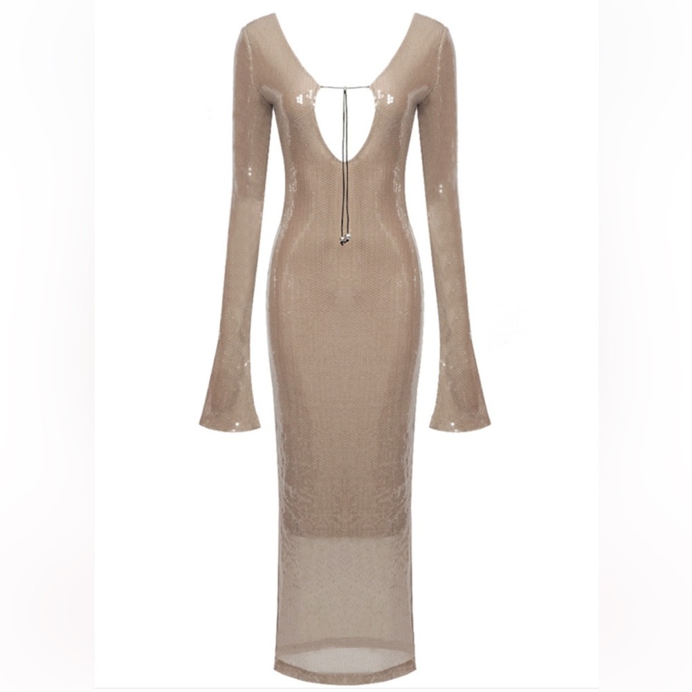 Mew Mews Aoibhe Long Sleeve Sequin Backless Maxi Dress In Apricot NWT Medium